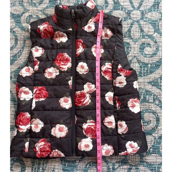 Loft Floral Quilted Puffer Vest Red & Pink Roses on Black - Size M - Picture 5 of 11